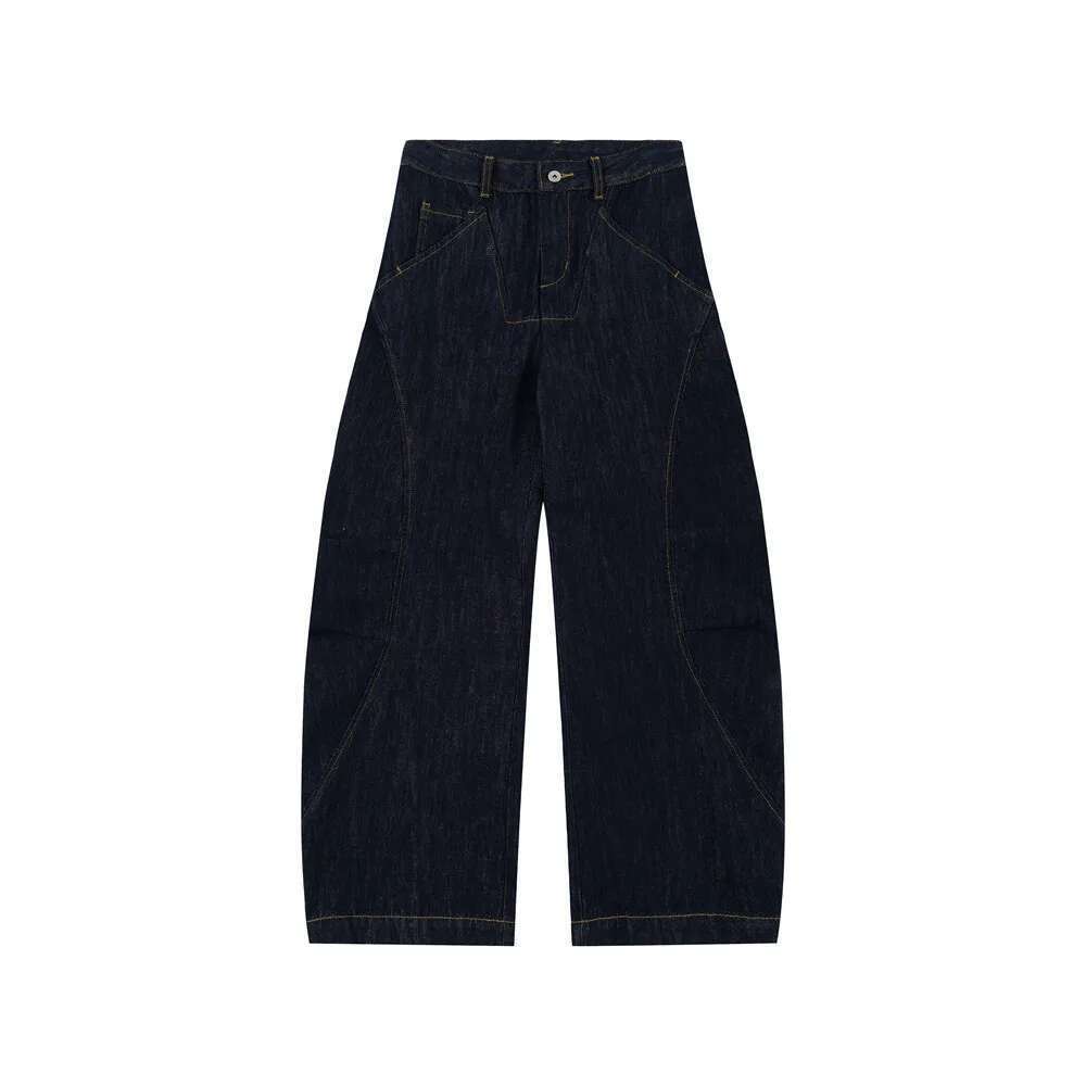 Spliced Pocket Denim Pants Mens Top Solid Color High Street Loose Wide Leg Washed Jeans Men