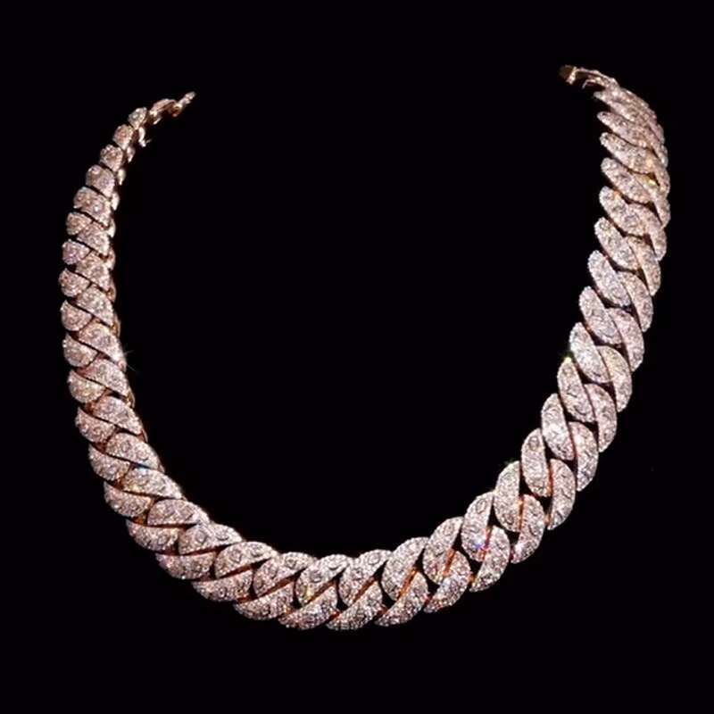 Luxury Custom Moissanite 18mm Cuban Chain 925 Sterling Silver Rose Gold Plated GRA Moissanite Cuban Link Chain Necklace Bracelet