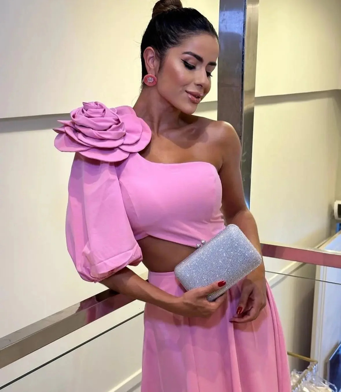 Womens long dress with floral pattern open collar shoulder single sleeve waist Dalian style womens evening wedding midi 250409