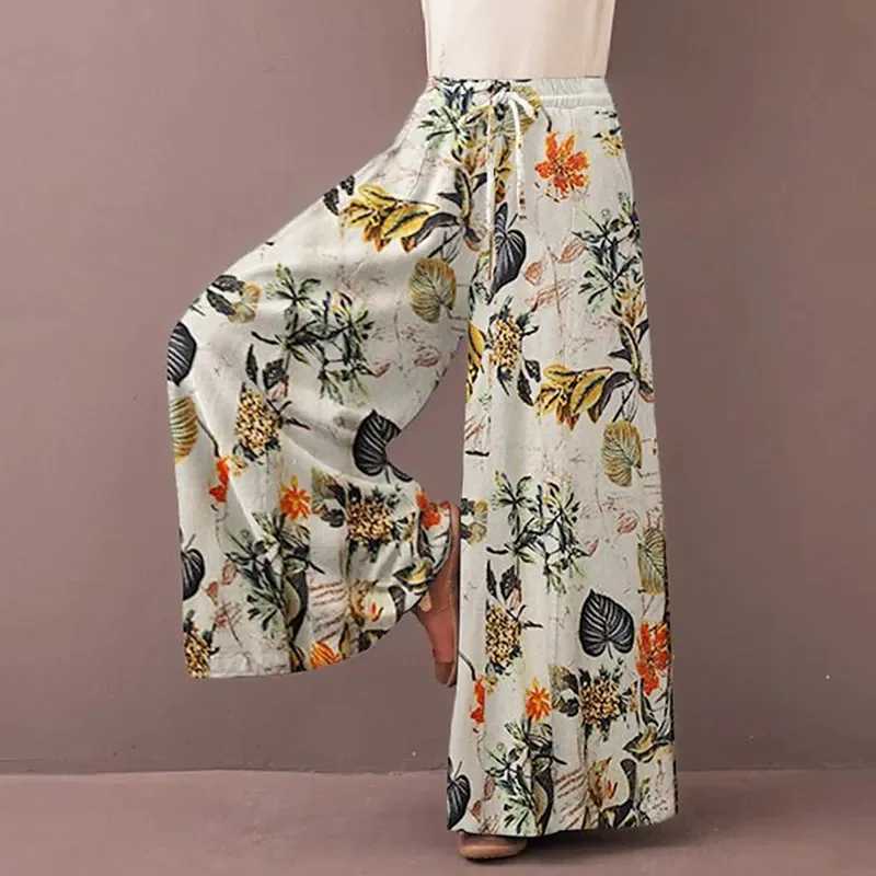 Womens floral printed wide leg pants for spring and autumn fashion Drstring Bohemian Trouser womens casual loose elastic waist pantsXJ250403