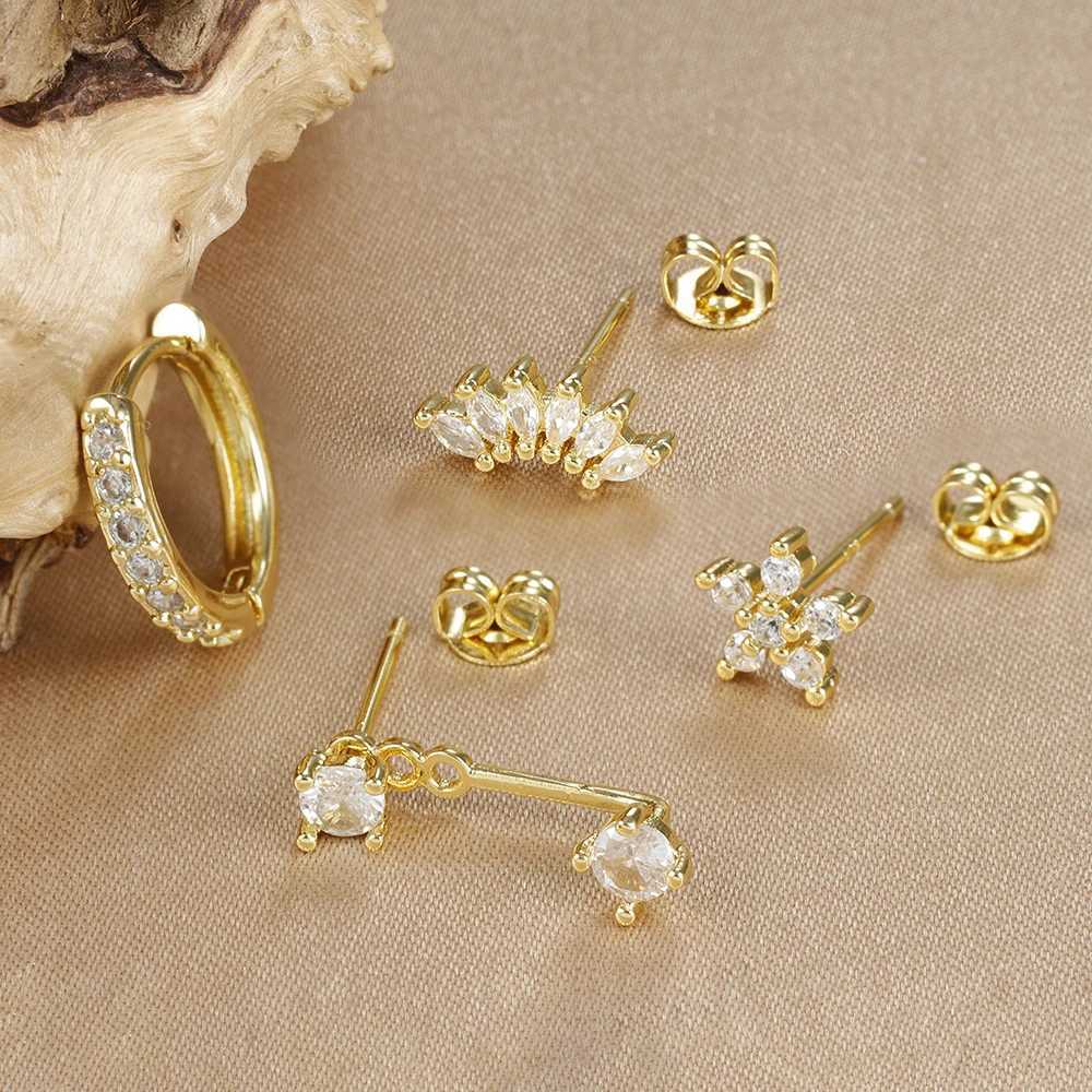 4PCS Stainless Steel Circle Huggie Hoop Earrings Set for Women Gold Color Unique Zircon Flower Stud Earring Piercing Jewelry Z250408