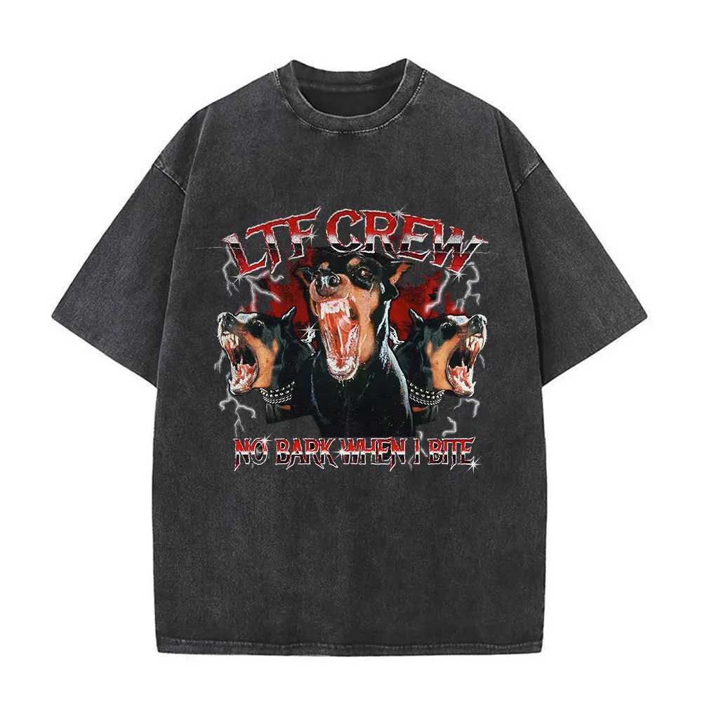 Mens washable T-shirt oversized streetwear hip-hop dog graphic T-shirt vintage Distressed cotton short sleeved T-shirtXJ250409