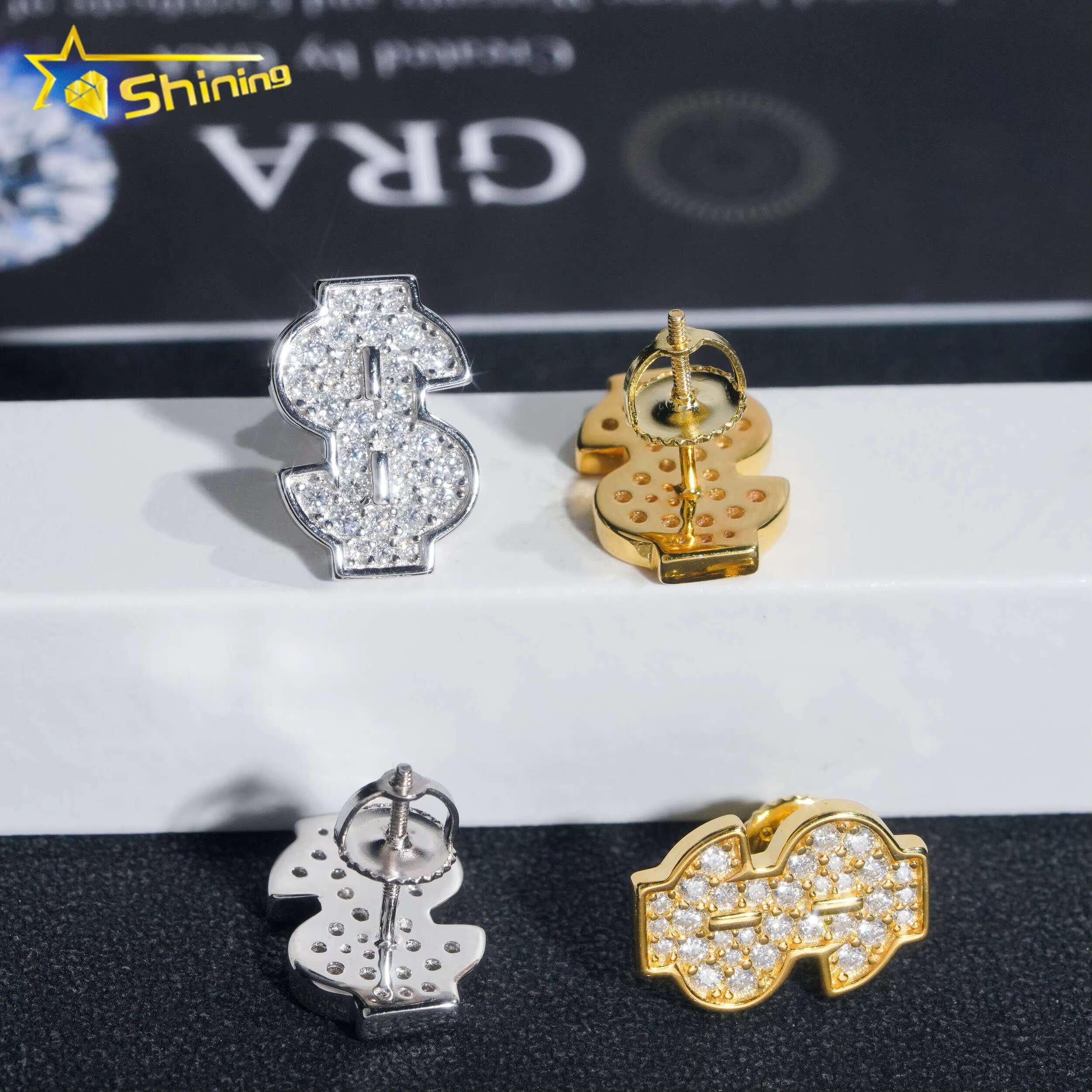 Diamond Tester Certified RTS Hip Hop Jewelry 925 Silver Gold Plated VVS Diamond Moissanite Stud Earrings Dollar Sign