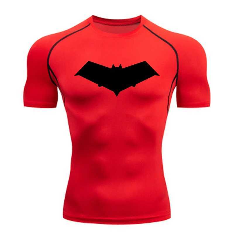 Compressed running T-shirt mens top bat print T-shirt mens fast drying gym sports shirt MMA Rashguard mens T-shirtXJ250409