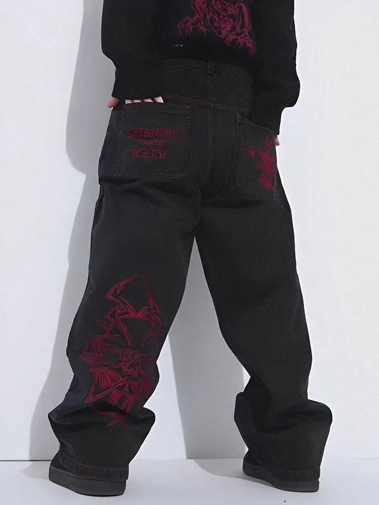 Mens Cotton Fashion Fully Embroidered Skeleton Loose Straight Casual Jeans Street Hip Hop Y2K Retro Pants 250408