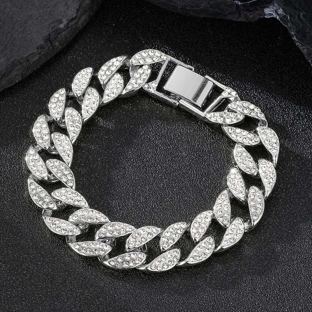 15MM Full Rhinestone Miami Cuban Chain Mens Ice Out Hip hop Necklace Rapper Jewelry Gift for teen boys Women girls