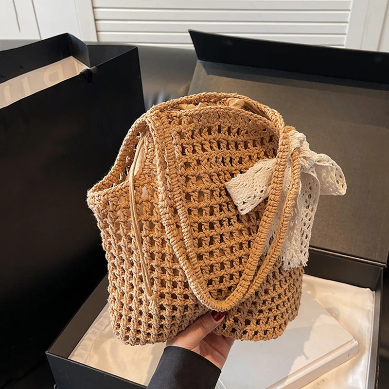 Arrival hollow lace bow shoulder bag womens large capacity straw handbag retro travel beach shopping 250408