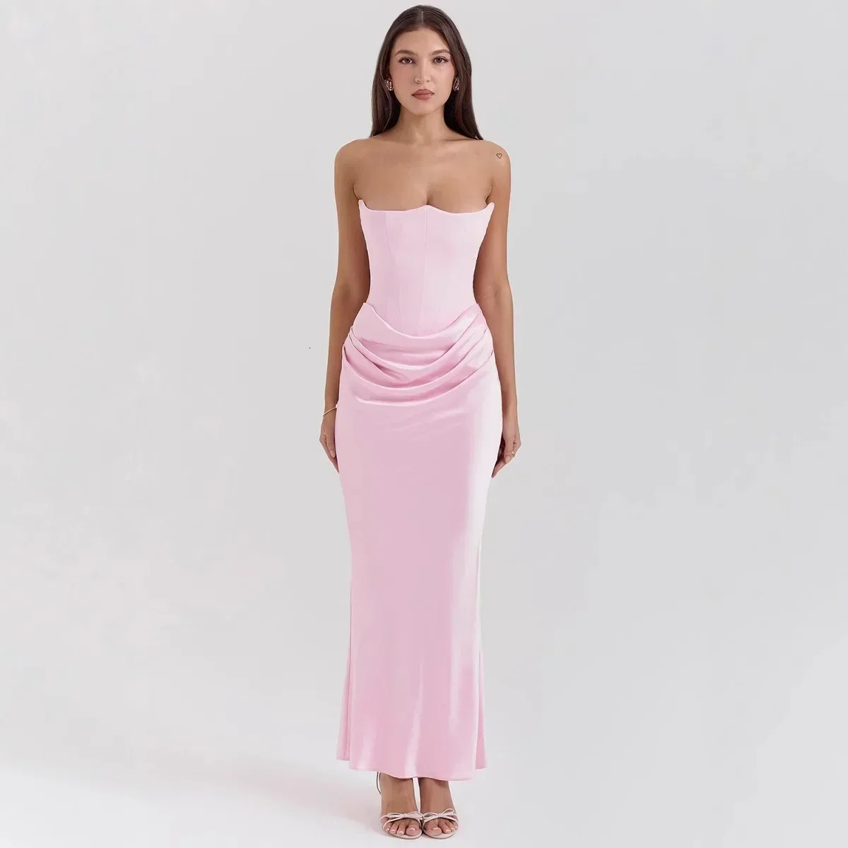 Mingmingxi Womens Evening Dress strapless pink ball party dress sexy satin long corset elegant Maxi Gala 250409