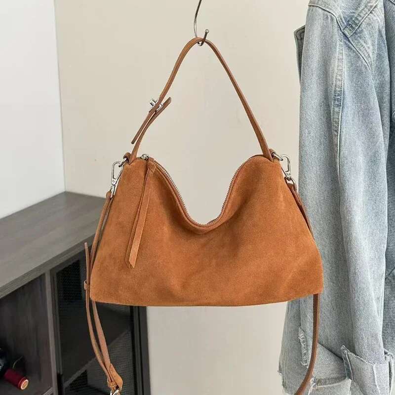 Women's Soft Matte Suede Handbag Lady Cowhide Shoulder Crossbody Bag Simple Cow Leather Colletion Grey Brown Tote Bags