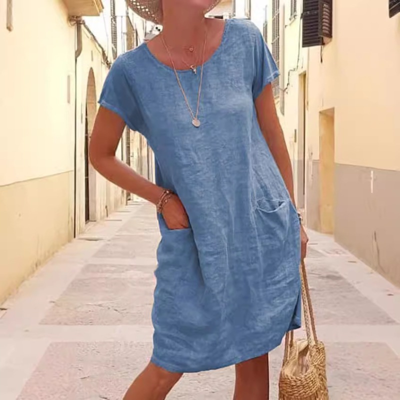 (113) Loose Solid Color Short-sleeved Round Neck Dress