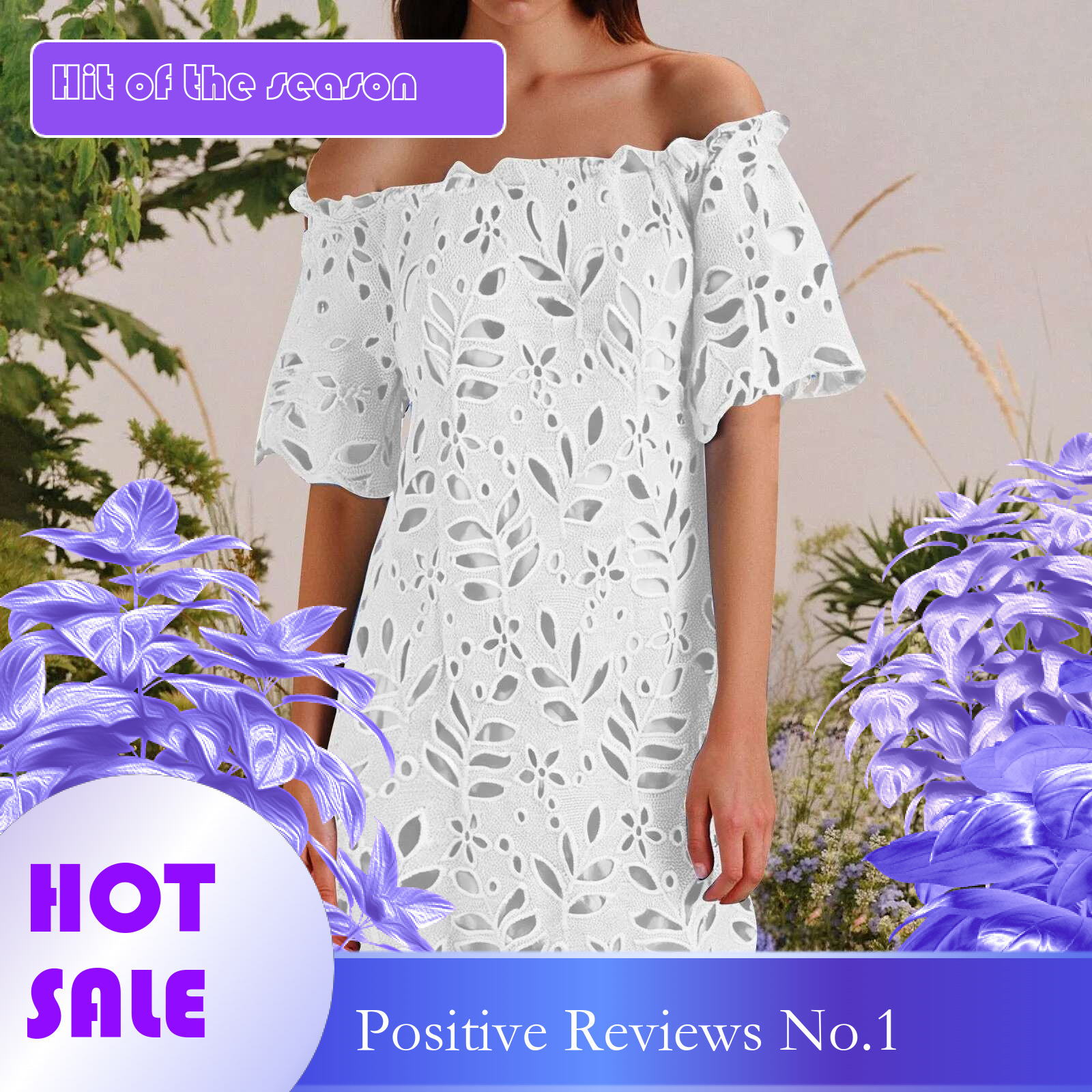 Dongdumaoyi Elegant Women Summer Solid Color Off Shoulder Dress Hollow Out Design Lace Decor See Through Slash Neck Short Sleeve Mini
