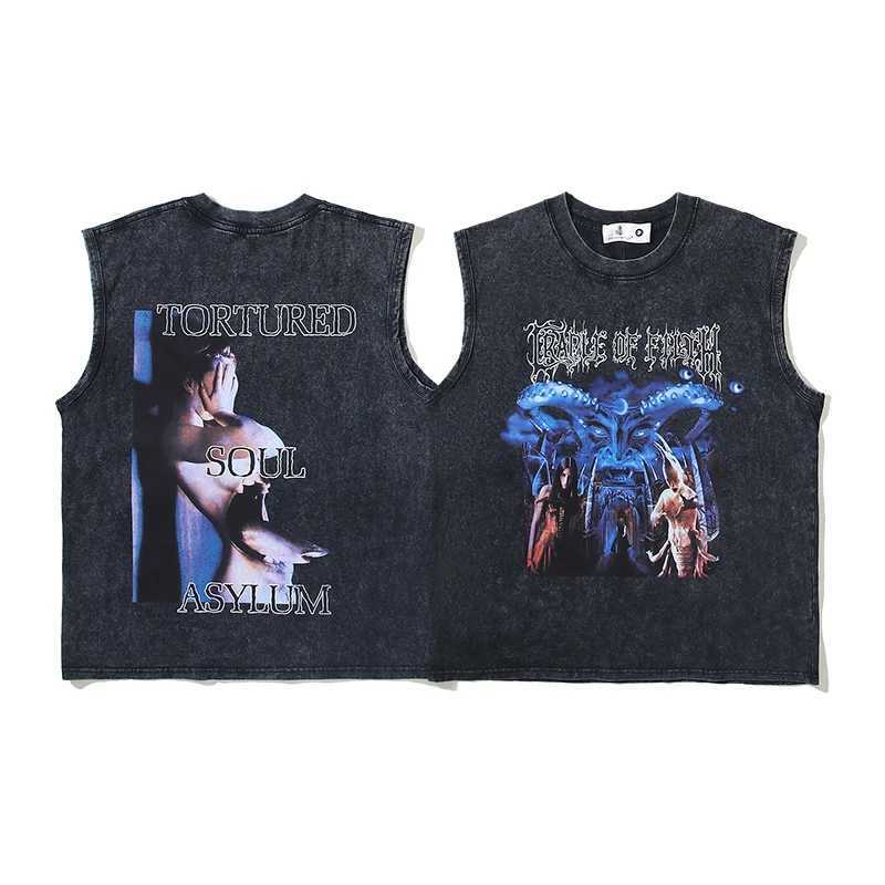 100% pure cotton cradle dirty evil emperor band old cut sleeves washed retro vest T-shirt mens vest topXJ250409