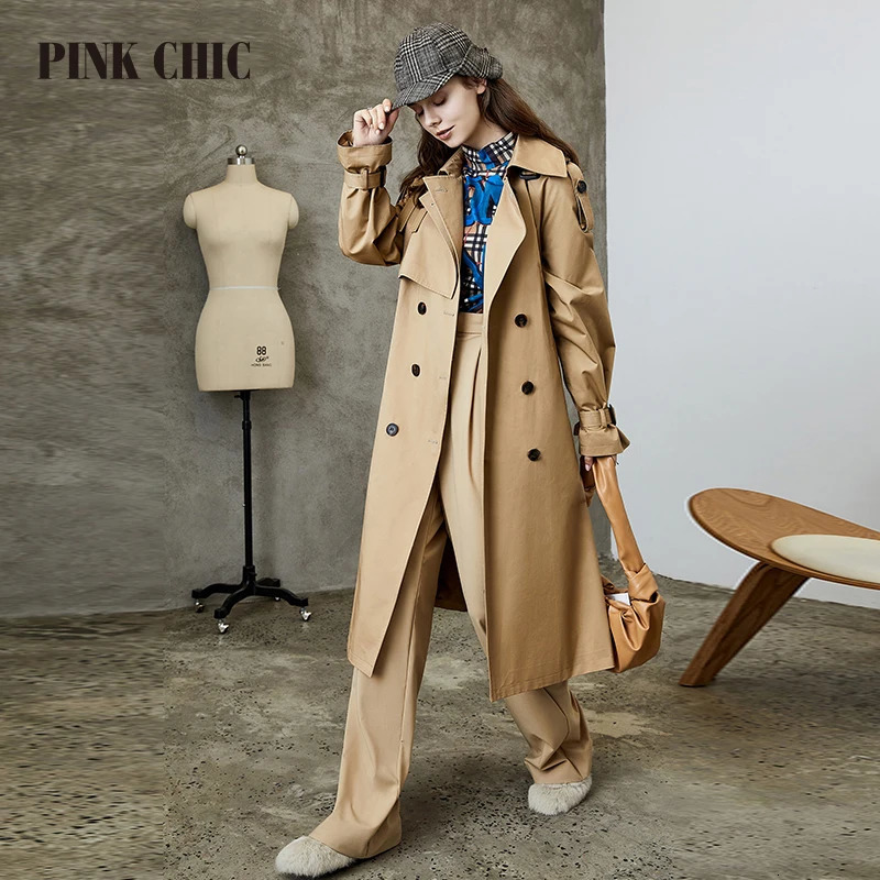 Pink CHIC UK Spring and Autumn Windproof Collar Knee Long Womens Temperature Waist Thin Groove 610 250409
