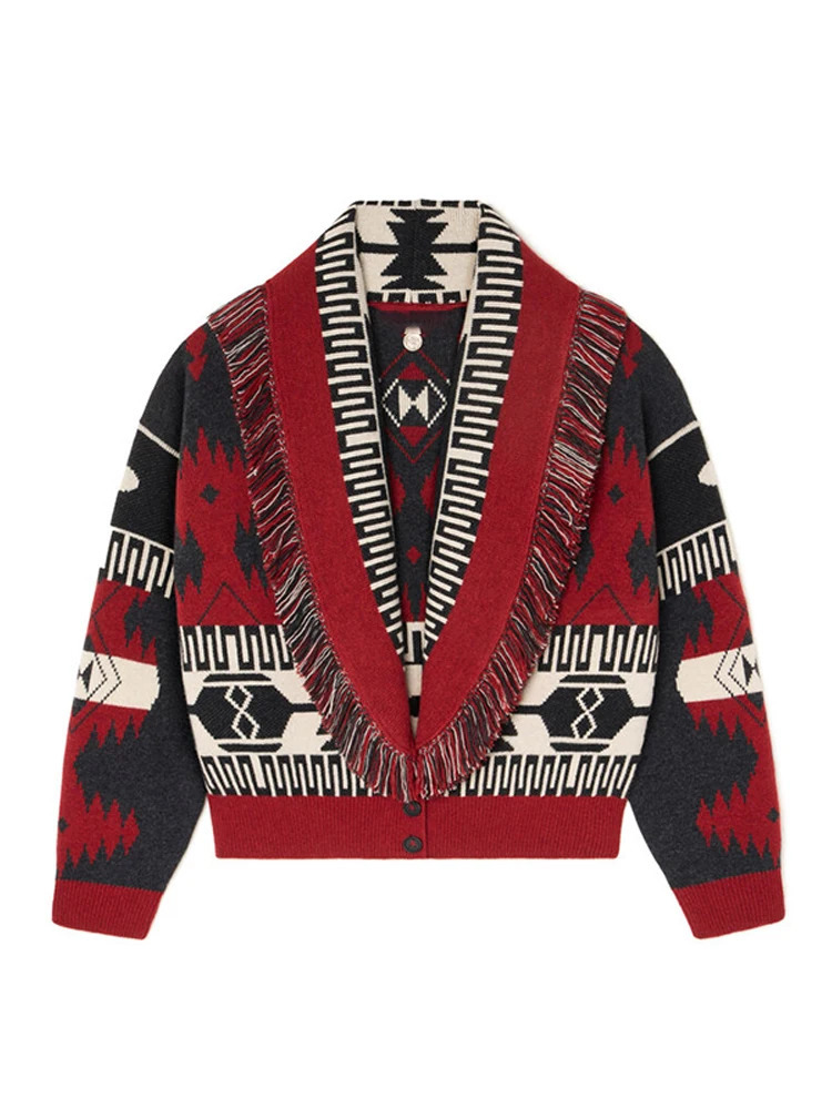 Vintage Print Tassels Knit Cardigan Women V Neck Long Sleeves Sweater Coats Female 2025 Autumn Winter Chic Warm knitwears 251106