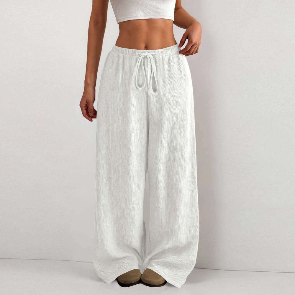 Amazon Cross-Border European And American New Style Women's Solid Color Loose Bark Wrinkle Draped Waist Drawstring Wide-Leg Casual Long Pants aef