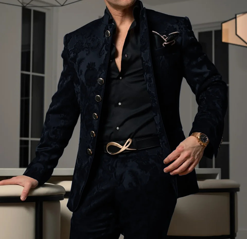 Pattern Black Mens Set 2-piece Jacket Pants Wedding Groom Evening Dress Stand up Collar Jacket Classic Jacquard Set 250408