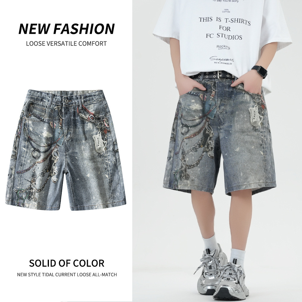 Shorts jeans straight version light color summer daily simple diamond loose and loose niche versatile one-fifth pants 250109