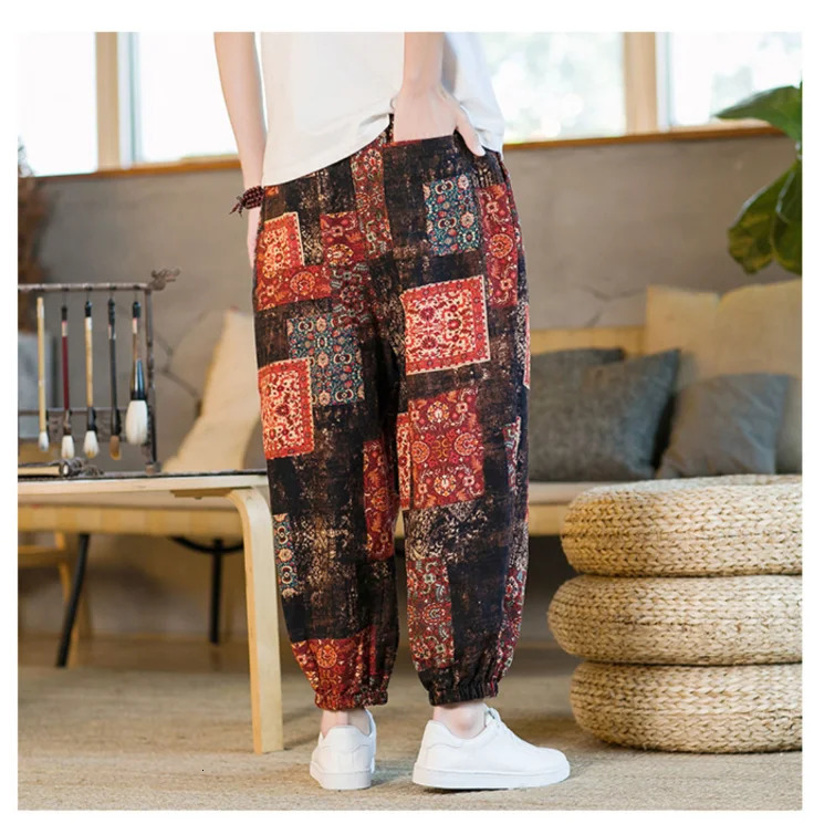 Men Harem Pants Joggers Printed Drawstring Drop-Crotch Trousers Men 2025 Summer Loose Streetwear Cotton Linen Casual Pants 250408