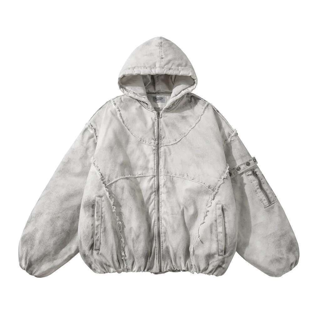 Distressed Spliced Padded Mens Embroidery Winter Thick Hip Hop Streetwear Hooded Long Sleeve Quilted Jacket Men
