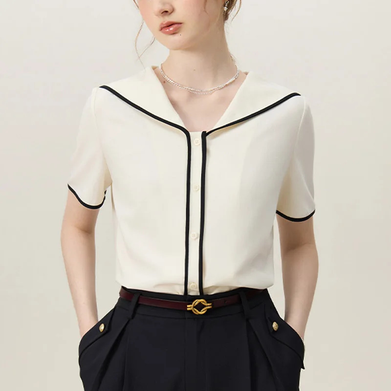 Summer Fashion Short Sleeve Sailor Neck Womens Shirt Solid Casual Top Camisas De Mujer Blusas N489 250409