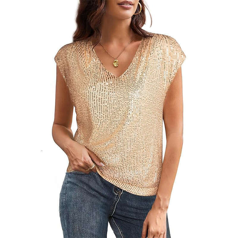2025 V-Neck Sequin Short Sleeve Women's Shiny Tank Top Party Shirt Blouse silk woman WOMENS PLUS SIZE SHIRTS