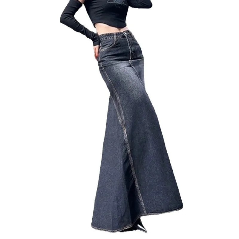 Maxi Skirt Women Casual Mermaid Streatwear High Waist Zipper Denim Skirts Y2k Streetwear Loose Long Mom Jeans Ankle Lenth Summer 250408