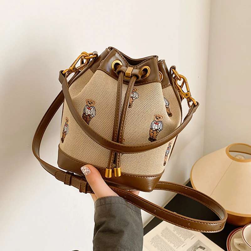Stylish Women's Bucket Bag Bear Embroidery Drawstring Design Trendy Crossbody Purse For Fashion Lovers Ideal