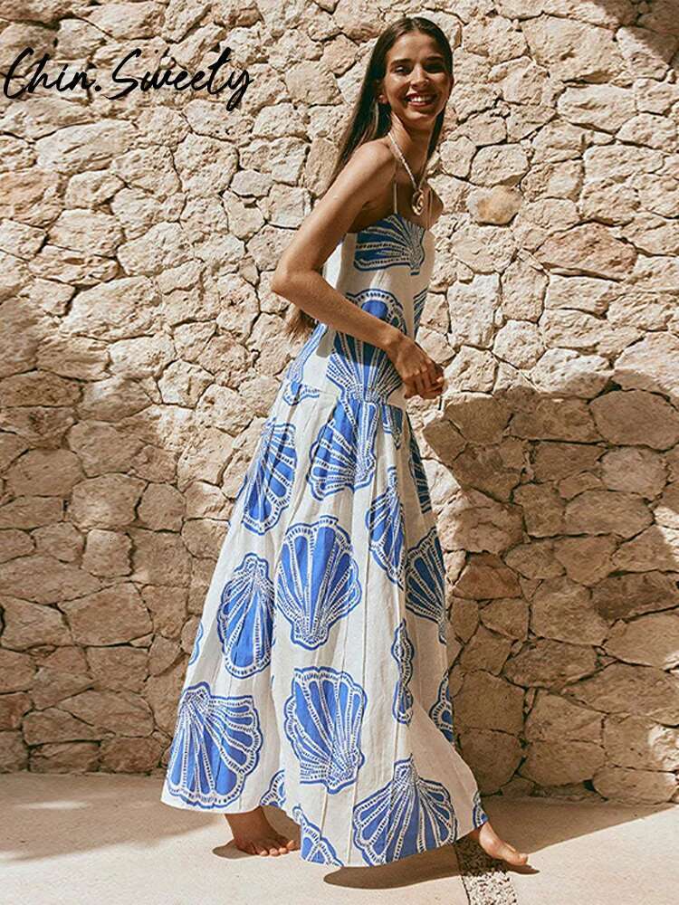 Fashion Printed Women Sg Dress Pleated Square Collar Sleeveless Backless Female Long Dresses 2025 Spring Summer Lady Robe
