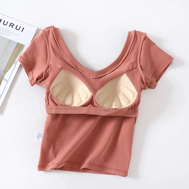 Sexy Cotton Short-Sleeve T-Shirt with Chest Pads Women's Summer One-Piece Short V-Neck Slim Tops