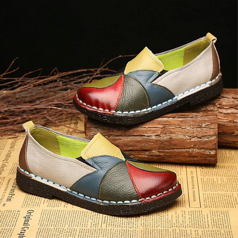 WOIZGIC Womens Ladies Female Woman Mother Shoes Flats Genuine Leather Loafers Moccasins Mixed Colorful Non Slip On Plus Size 42 250402