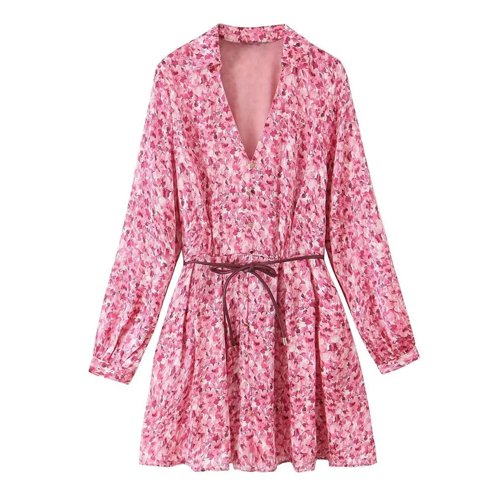 PB ZA Pink Flower Printed Womens Long sleeved Dress with Vneck Belt and Flame Bottom Fashionable Fashion 250409
