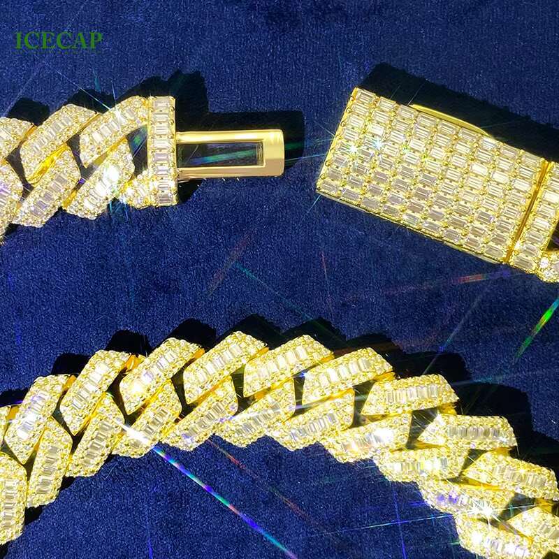 20mm Iced Out Moissanite Diamond 925 Silver Gold Plated Trapezoid Cuban Link Chain Hiphop Cuban Moissanite Necklace Bracelet