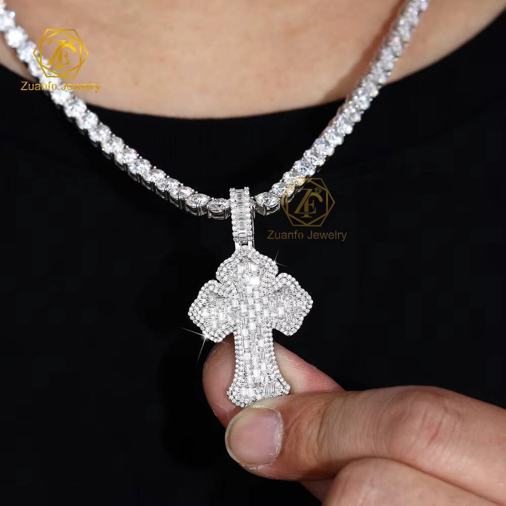Custom Moissanite Cross Pendant White Gold Plated 925 Sterling Silver Baguette Diamonds Ice Out Hiphop Men Pendant