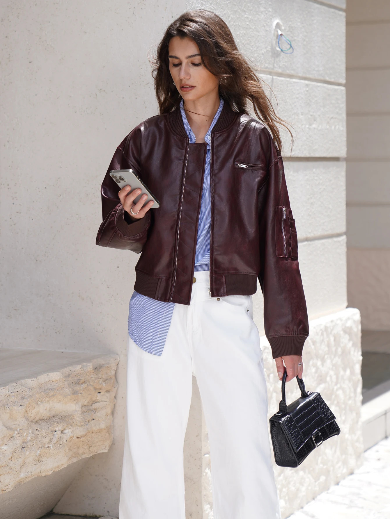 Womens Autumn Pu Leather Bomber Jacket Wine Red Brown 250409