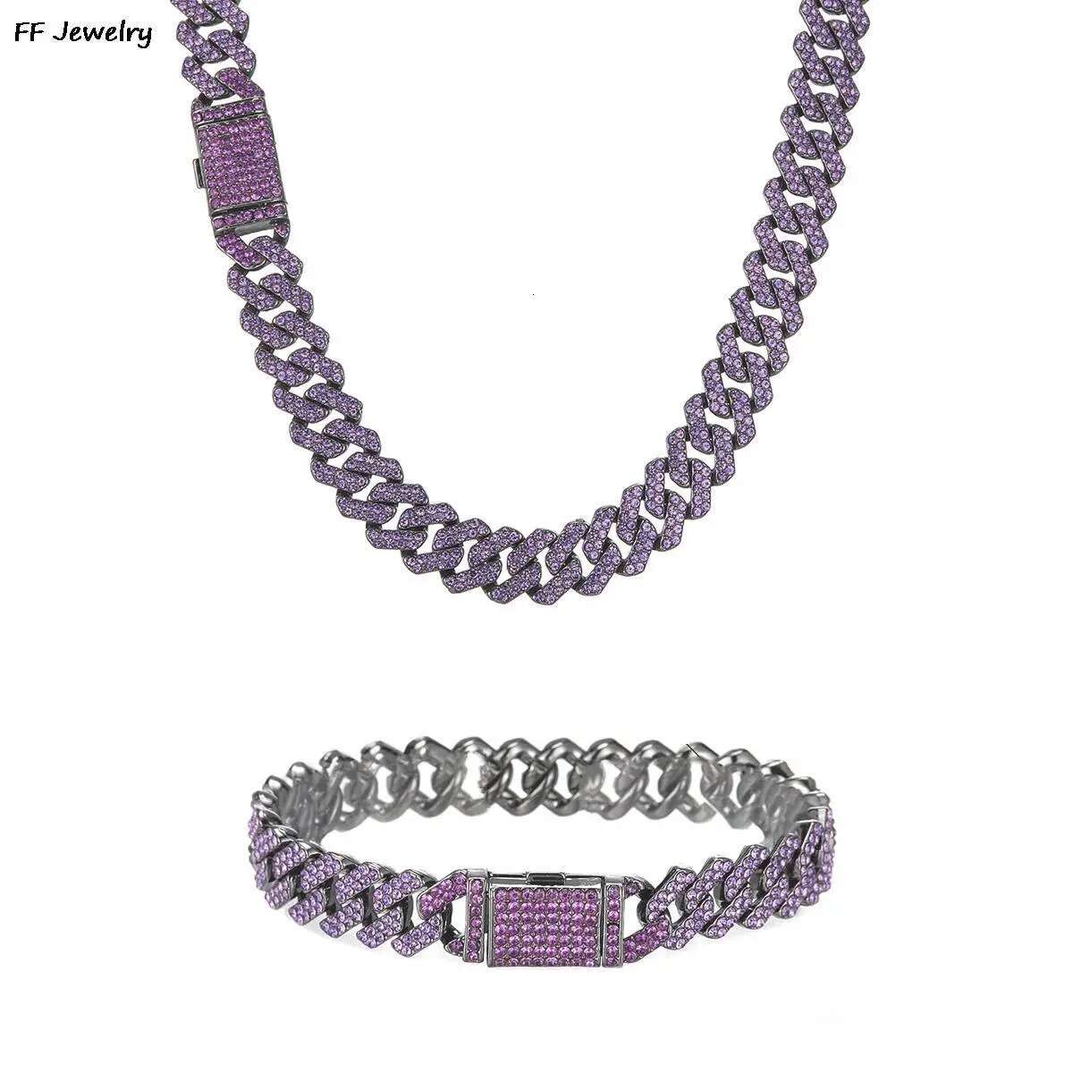 12mm purple Men Women Hip Hop Iced Out Bling Prong Cuban Chain Necklace Paved Rhinestone Link Chain Choker Necklace Men Jewelry