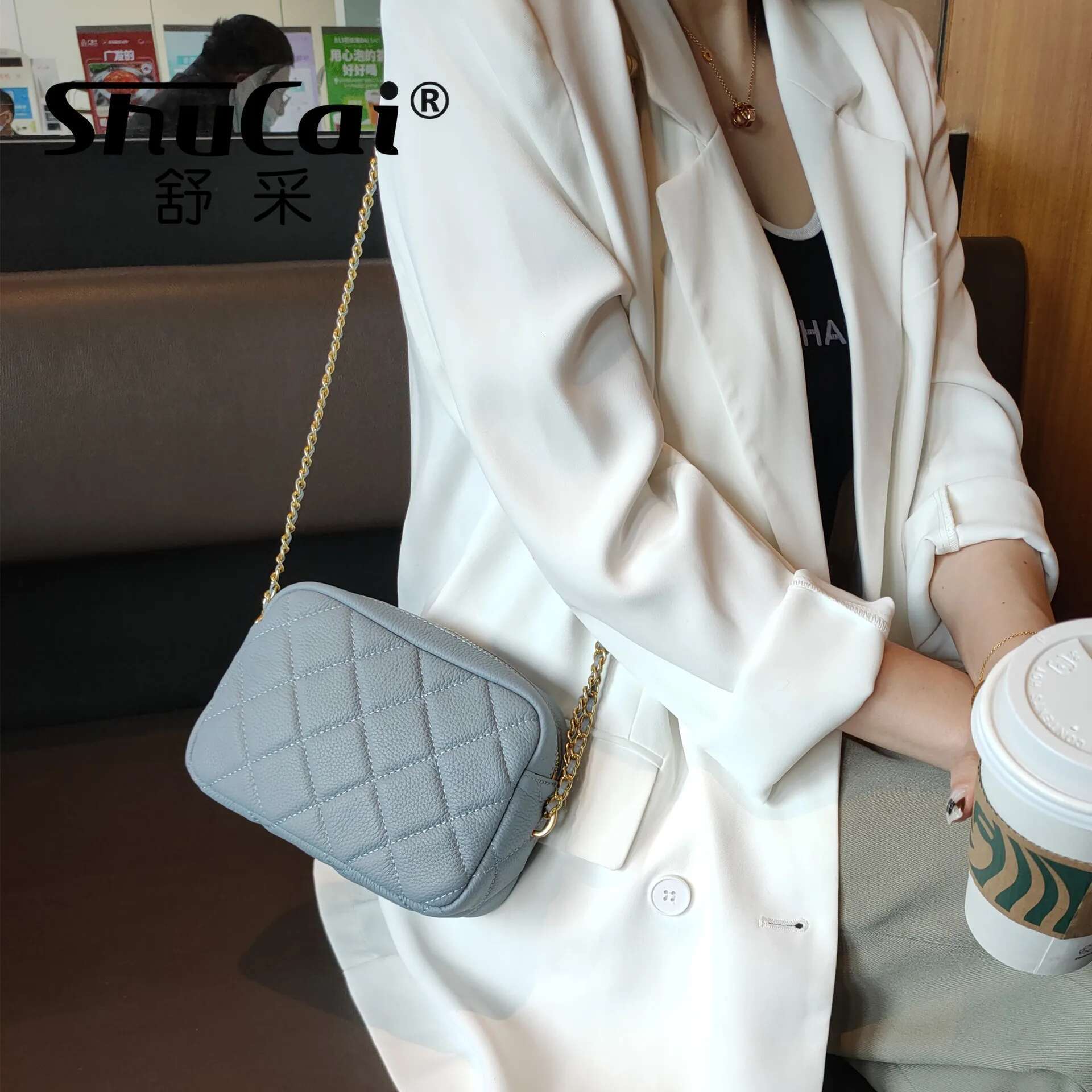 SHUCAI First Layer Cowhide Women's Rhombus Fashion Popular Chain Soft Shoulder Messenger Bag Casual Tide New