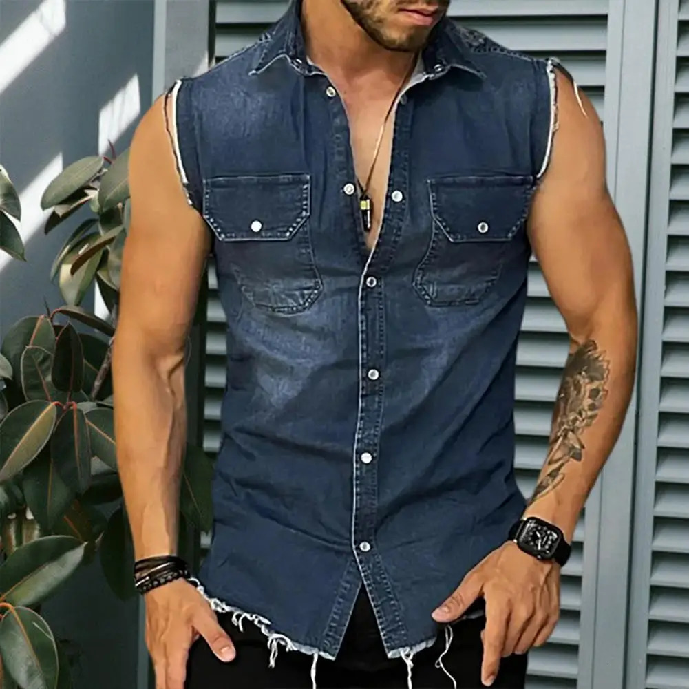 Lapel sleeveless vest jacket single chest lapel pocket tassel mens summer solid color denim shirt street fashion show body muscles 250409