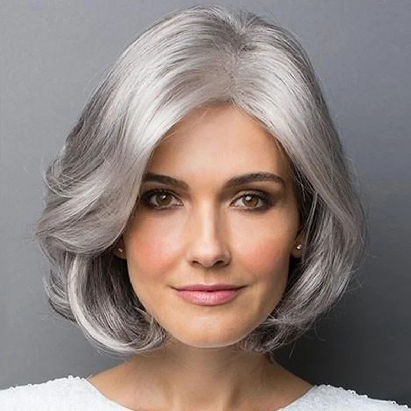 Womens Silver Wave Short Bob Wig Smooth Natural Light Grey Hair Synthetic Wig 250407