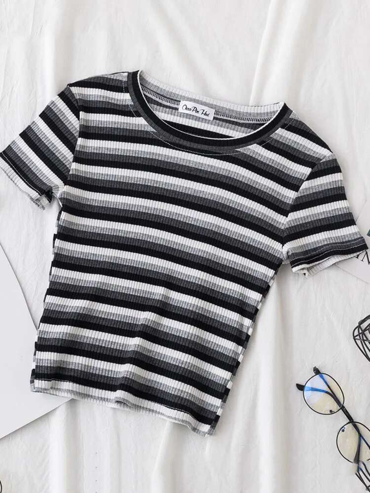 New T Shirt Women Rainbow Striped Slim Fit t shirt Haruku Tshirt Summer Short Sleeve Korean T-shirt feminina Clothes Tops