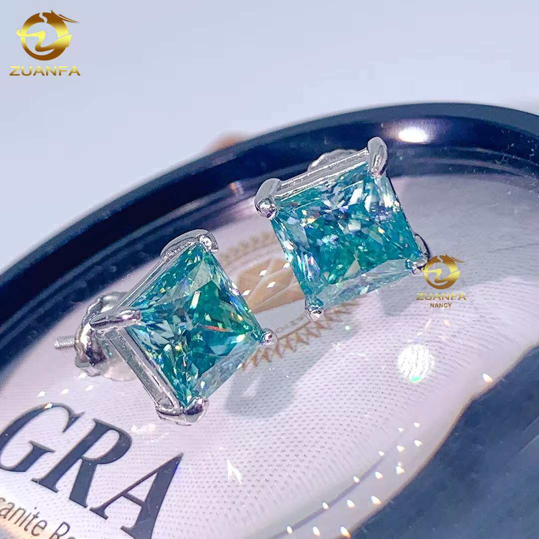 Hip Hop Fashion Jewelry Fast Delivery 925 Sterling Silver Princess Cut Blue Moissanite Screw Back Stud Earring