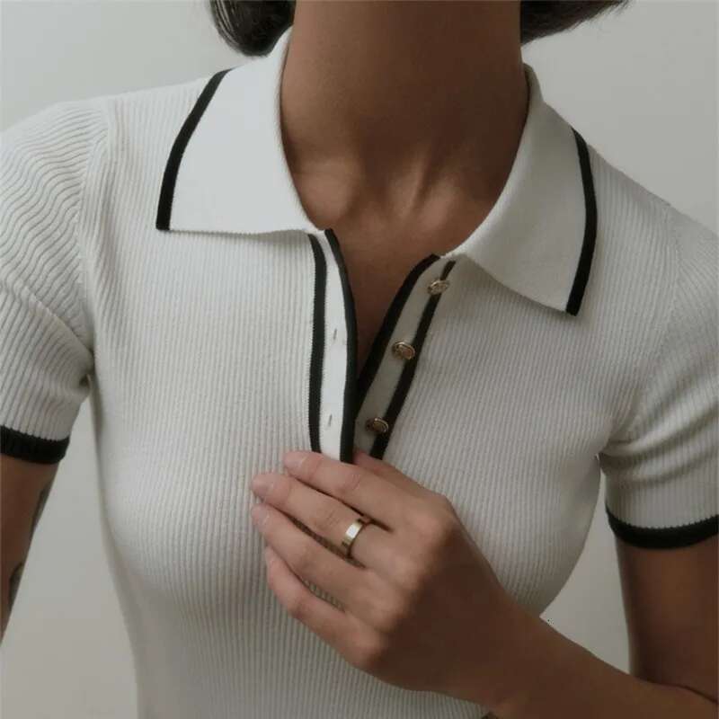 Designer clothing Talenza Women's Fashion Short Sleeve Patchwork Sweater Elegant Slim Contrast Lapel Knitted Pullover Top