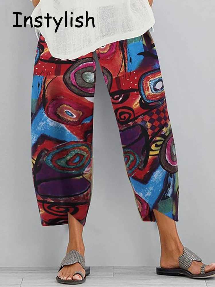 Retro cotton and linen loose harem pants casual high waist wide leg Trouser womens Harajuku printed pocket pants oversizedXJ250403
