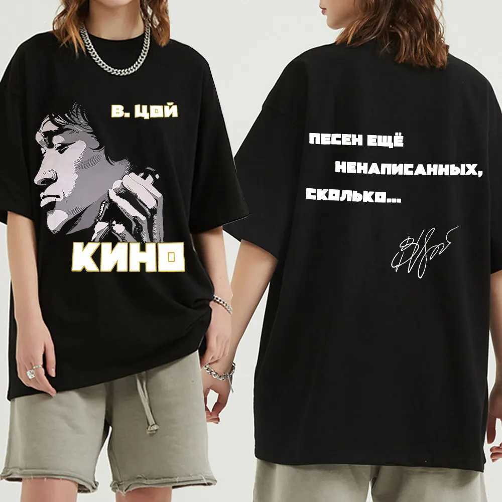 Mens Classic Retro Viktor Tsoi Kino Double sided T-shirt Short sleeved Cotton Russian Rock T-shirt Design T-shirtXJ250409