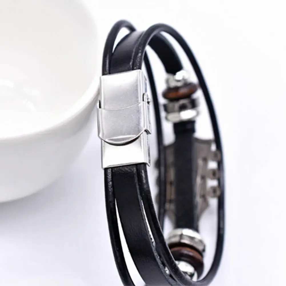 Braided Guitar Bracelet Zinc Alloy Adjustable Buckle Manual Woven Faux Leather 3-layered Retro Punk Wrist JewelryC250408
