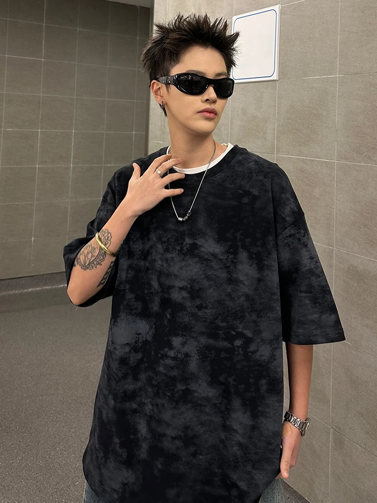 250GSM summer tie dye T-shirt mens street retro pure cotton top Y2K T-shirt short sleeved oversized T-shirt 250402
