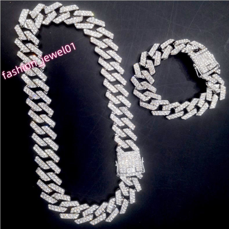Hip Hop 20MM Bling Iced Out Cuban Link Chain Necklace Set Full Diamond Bling Choker Jewelry