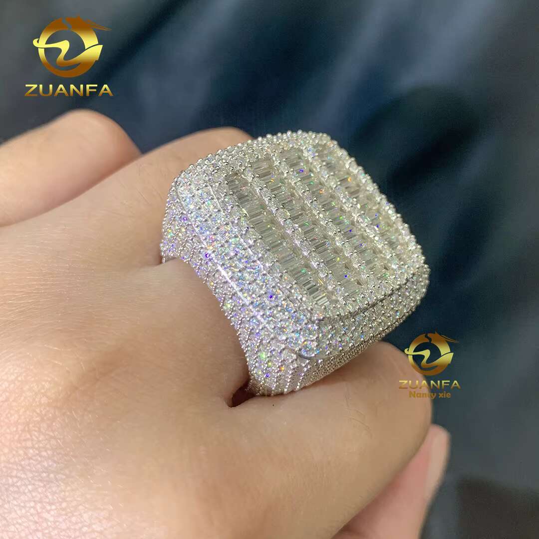 New Designs Ready to Ship Hip Hop Jewelry 925 Sterling Silver VVS baguette Moissanite Diamond Iced Out Rings for Men