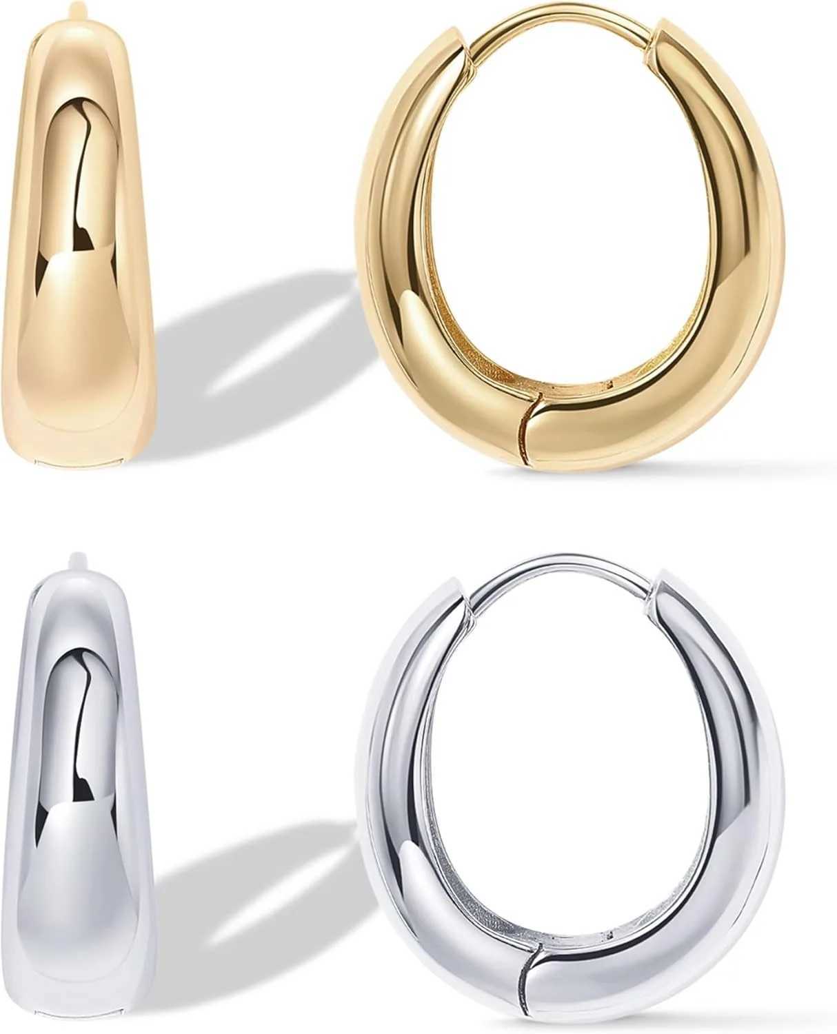 14K Gold Plated Sterling Silver Post Small Chunky Hoops Earrings | Thick Lightweight Gold Hoop Earrings for Women Retro style Z250408