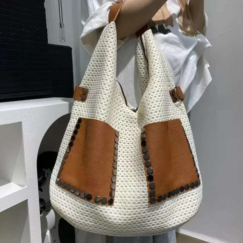 Women's Fashionable Retro Mesh Patchwork Cowhide Tote With Large Capacity Single Shoulder Crossbody Carrying Bag