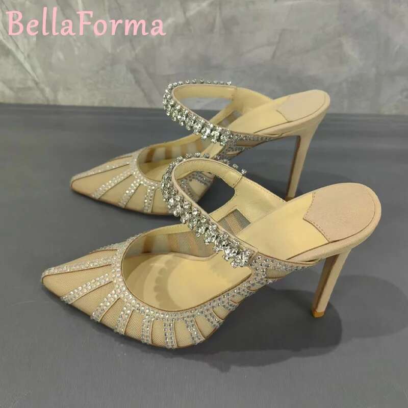 Women's Mesh Chain Rhie High Heels Striped Leopard Veet Ing Translucent Mature Banquet Sgback Slippers